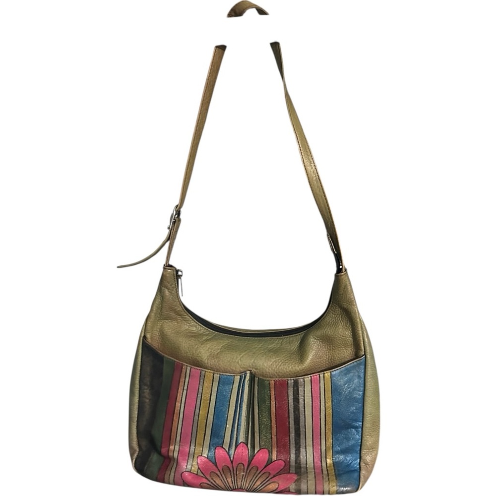 Anuschka Hand Painted Leather Shoulder Bag Stripe Floral